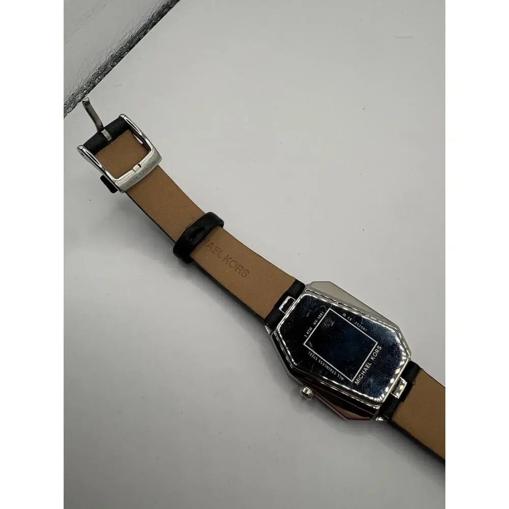 Michael Kors Watch Silver Geometric Case Black Leather Strap